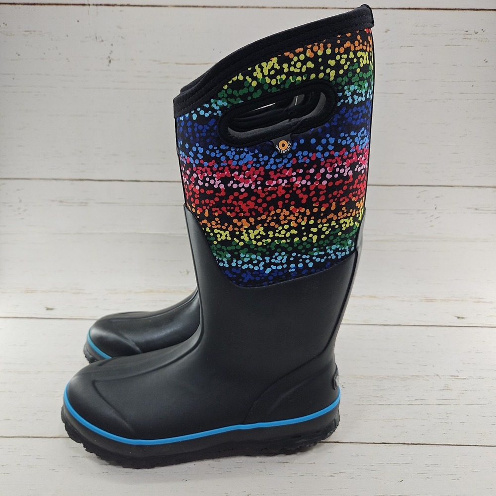 Bogs Womens Classic Rainbow Dots Black Size 6 High Farm Boots Waterproof Pull On
